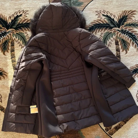Michael Kors 💅❄️ Chocolate Winter Puffer Coat MK Jacket Fur Hood Plus Size NWT - Picture 3 of 8